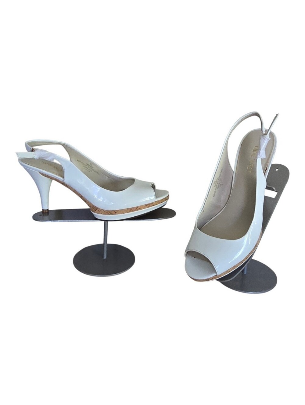 Nine West White Patent Slingback Peep-Toe Heels with Cork Accent 7.5